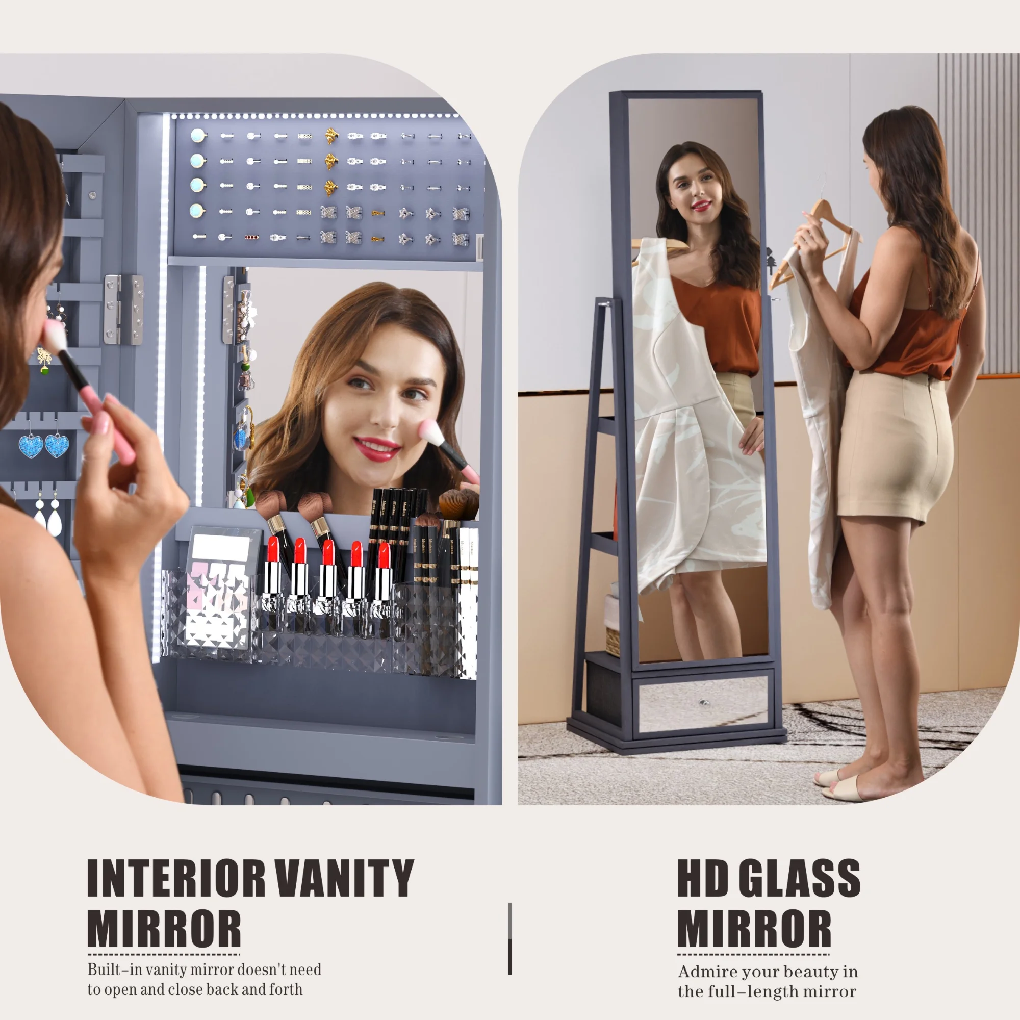 Joyero FREDEES con espejo e iluminación: organizador de madera con espejo de cuerpo entero para mujer. color gris elegante.