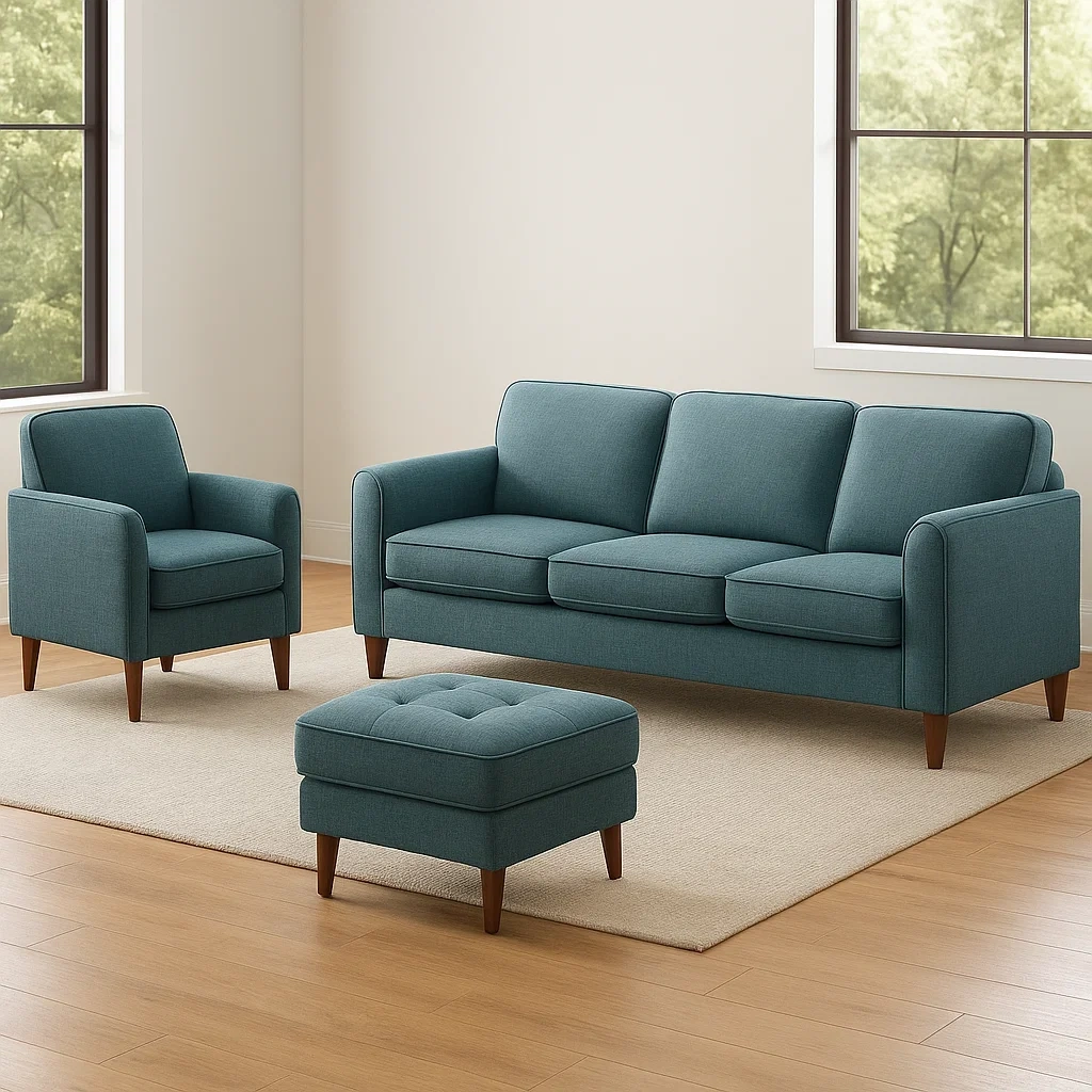 Conjunto sofás,4 asientos,material de tela,color verde azulado,estructura en madera,diseño moderno,instalación fácil,sofá 190x85x75 cm,sillón 75x85x75 cm,otomano 60x60x40 cm,para salas de estar - 4rdzaTLLpKSC