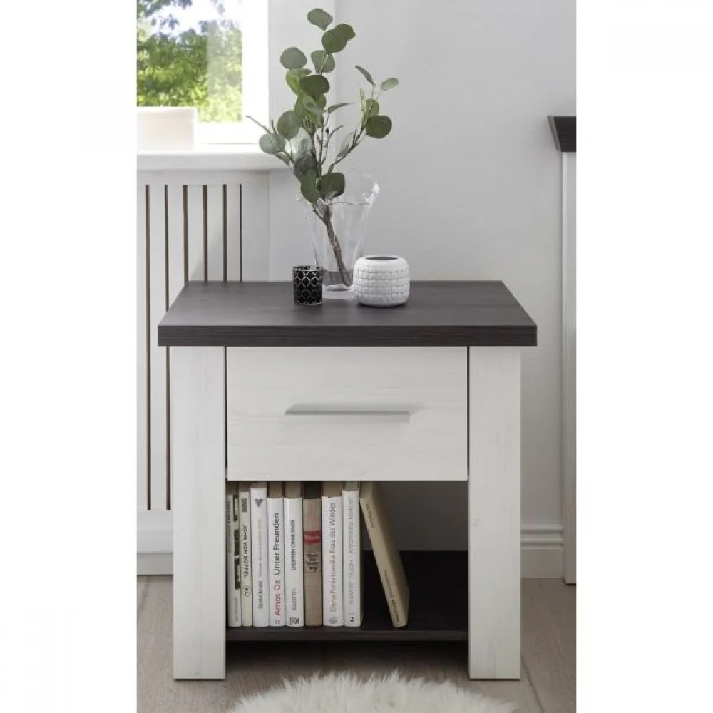 Mesita de noche Siena blanca con aspecto de madera, 58 cm de ancho