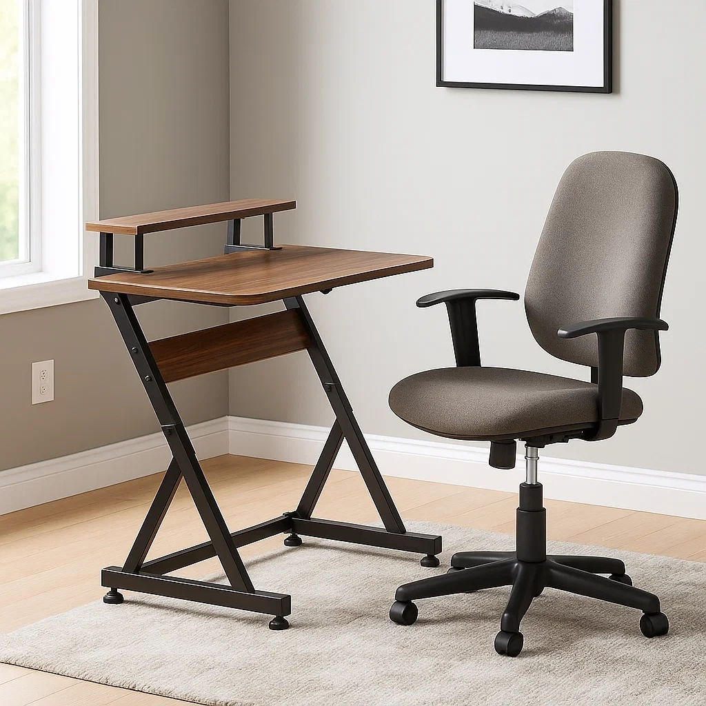 Mesa de ordenador,madera y metal,marrón y negro,compacta con estante superior y silla giratoria,110x50x90 cm,oficina y hogar - AV6DzK73fa0p
