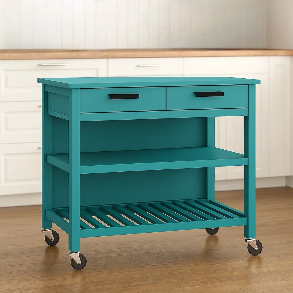 Isla cocina rectangular,con ruedas de madera MDF,color verde turquesa,con 2 cajones y estantes abiertos,dimensiones de 100 cm largo,45 cm ancho,90 cm alto,para cocina doméstica. - p29J91SvgKKy