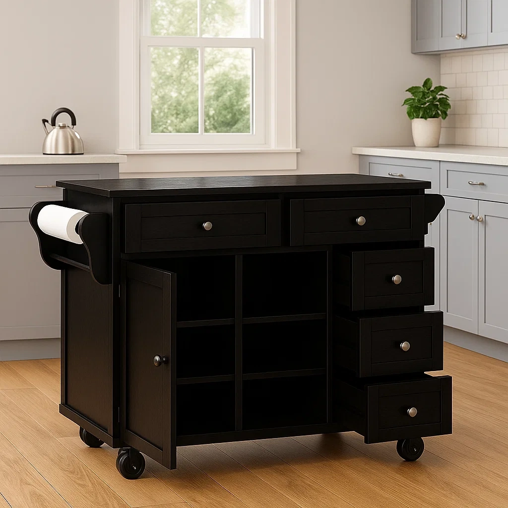 Isla cocina,diseño con ruedas,material madera,color negro,con 5 cajones,1 puerta y 3 compartimentos abiertos,tamaño 90x45x85 cm,uso para almacenamiento en cocina - l5oDBGkRlRKy