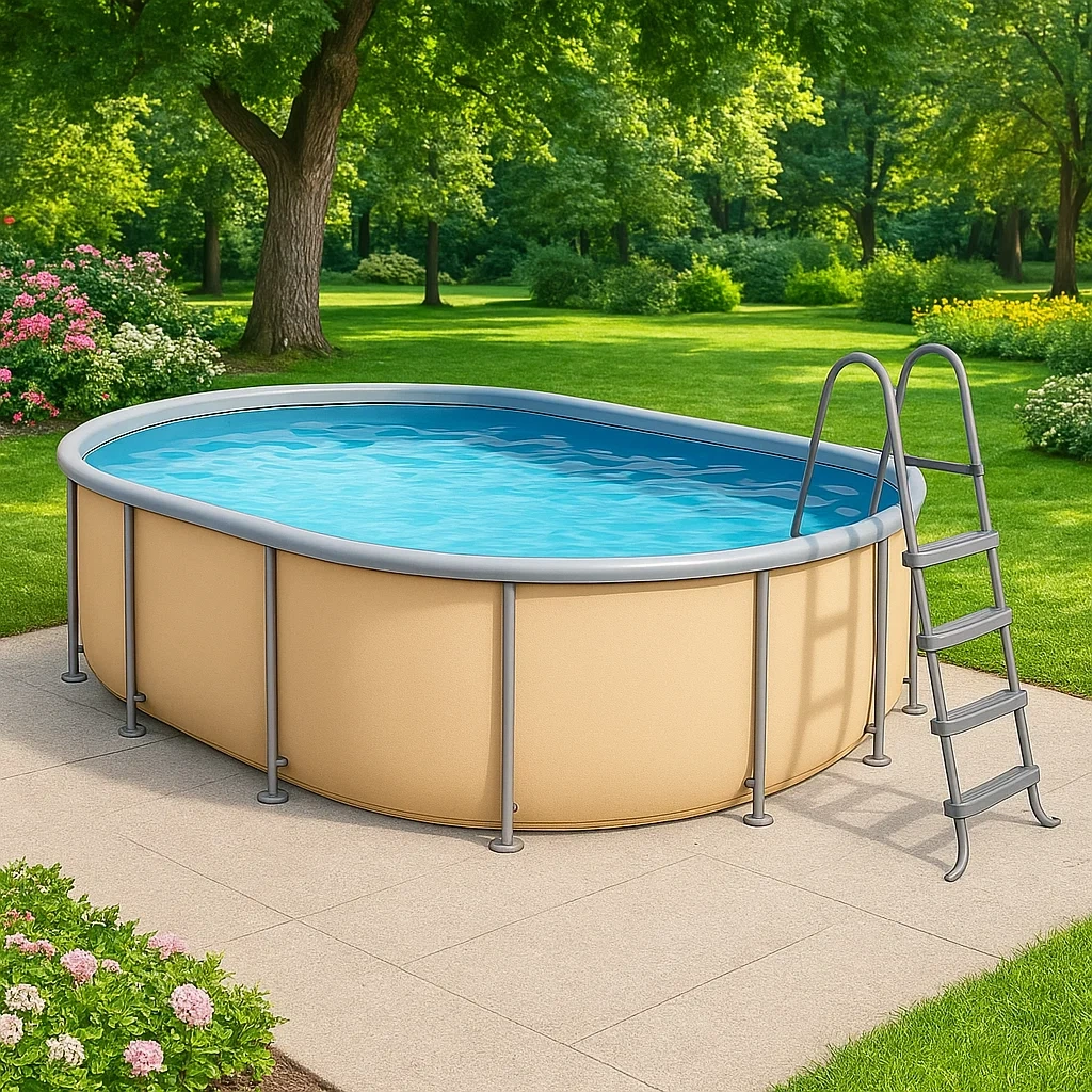 Piscina tubular ovalada desmontable 418x243x98 cm beige/azul adecuada sBTOCnP122hB