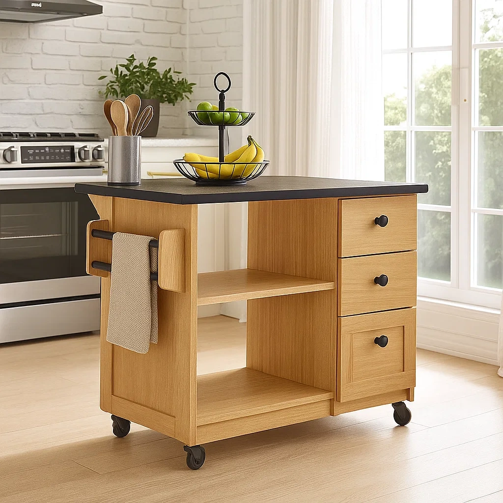 Isla cocina rectangular,con estantes y cajones,madera color natural,con ruedas,120x60x90 cm,para cocina doméstica. - zydIcYLoR87O