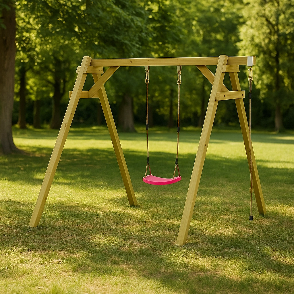 Columpio de jardín con estructura de madera y asiento rosa para niños 200x150x200cm - DbRRMWw183ej