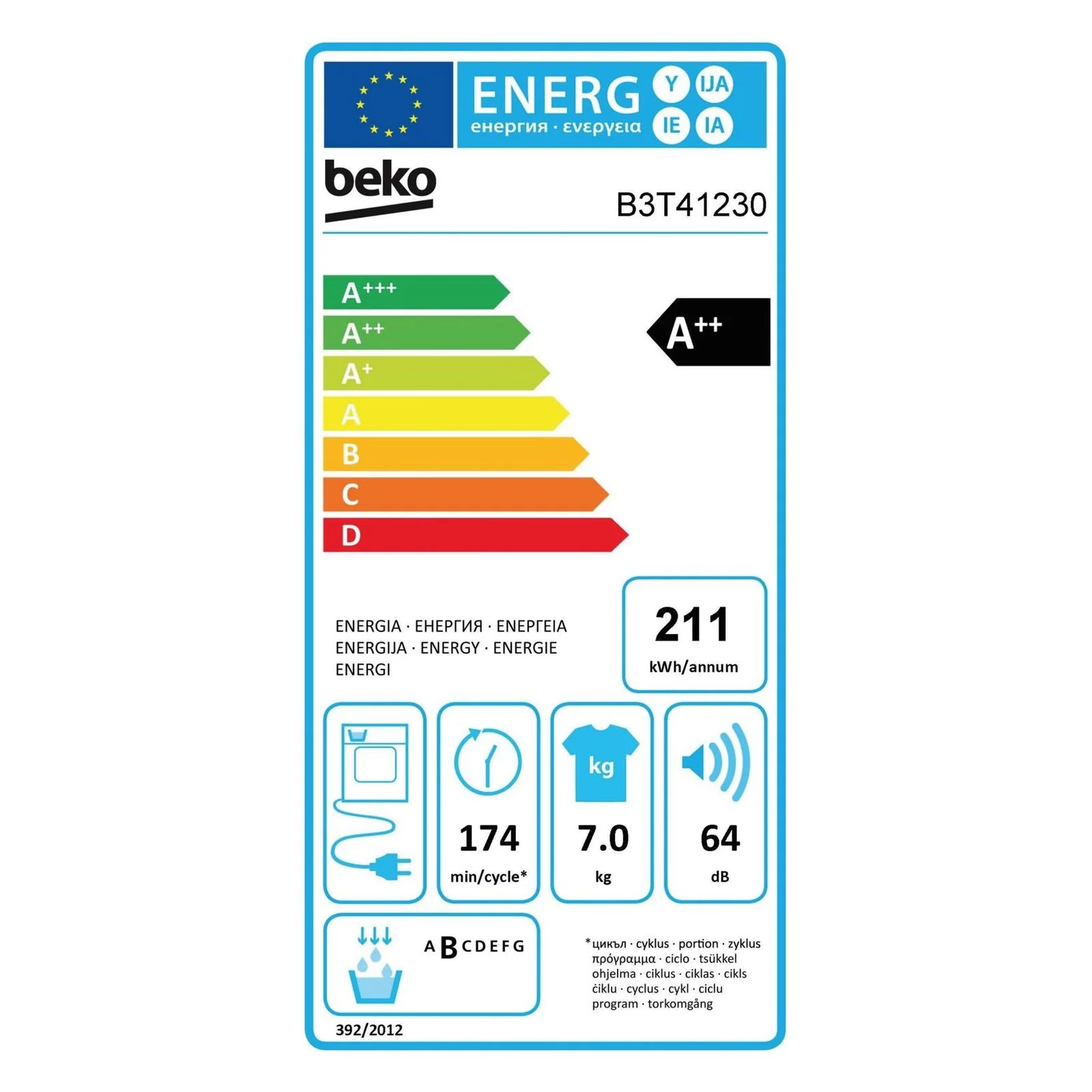 2025 Secadora de bomba de calor Beko B3T41230 7 kg A++ blanco