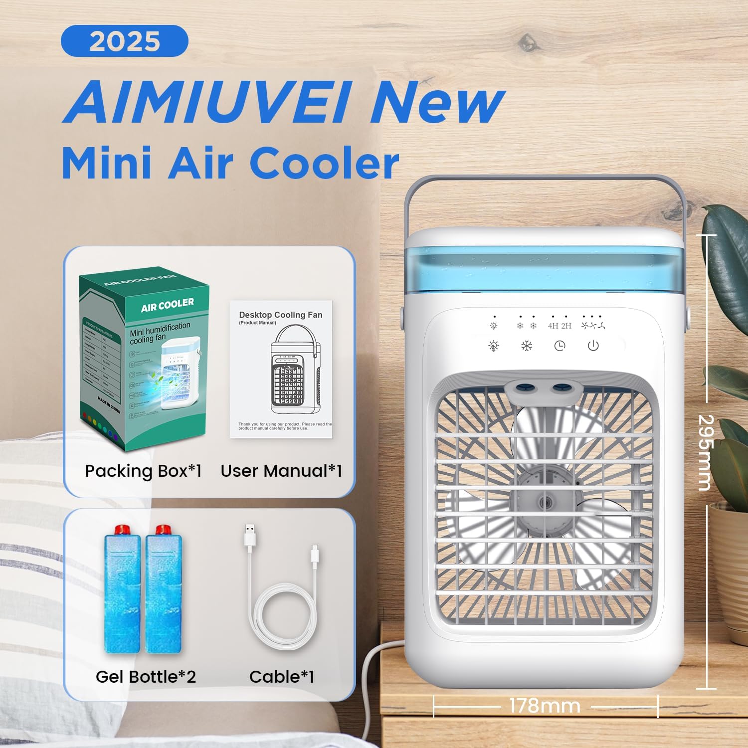 AIMIUVEI Mini Aire Acondicionado Portátil, Enfriador de Aire 5 en 1, Ventilador con Tanque de 1000 ml, 3 Velocidades, 2 Modos de Nebulización, Temporizador de 2-4 horas, Ventilador Refrigerador con 7 Luces LED para Dormitorio y Oficina