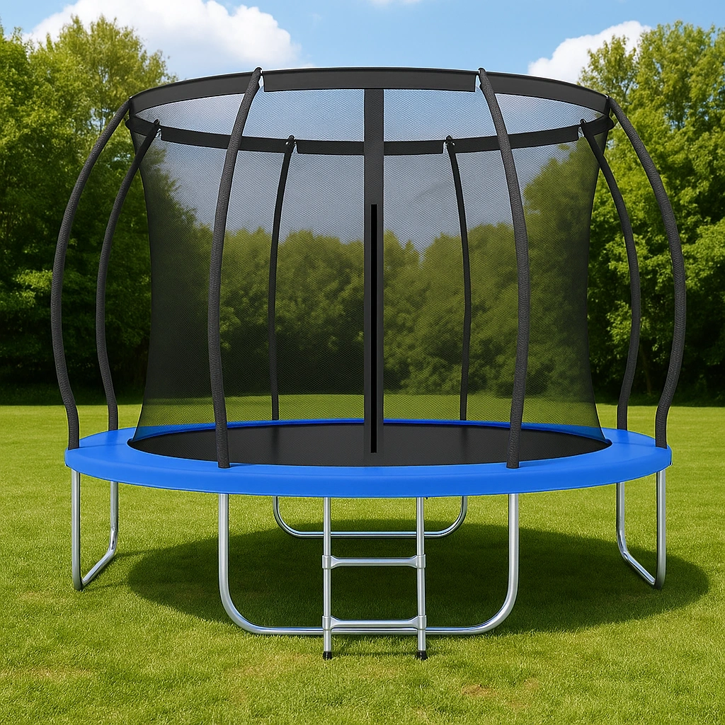 Trampolín redondo con red de seguridad y escalera, azul, de acero, para jardín 3.5x3.5x2.2 m - jexFAgH102yO