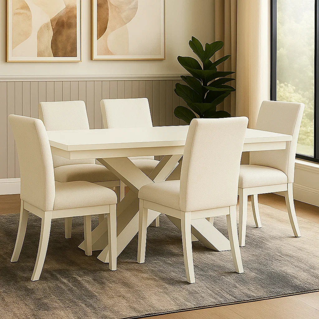 Conjuntos de comedor de 6 plazas,madera y tela,color crema,mesa rectangular con base en X,estructura fija,mesa 160x90x75 cm y silla 48x52x93 cm,para comedor interior - YfO0NCg172mP