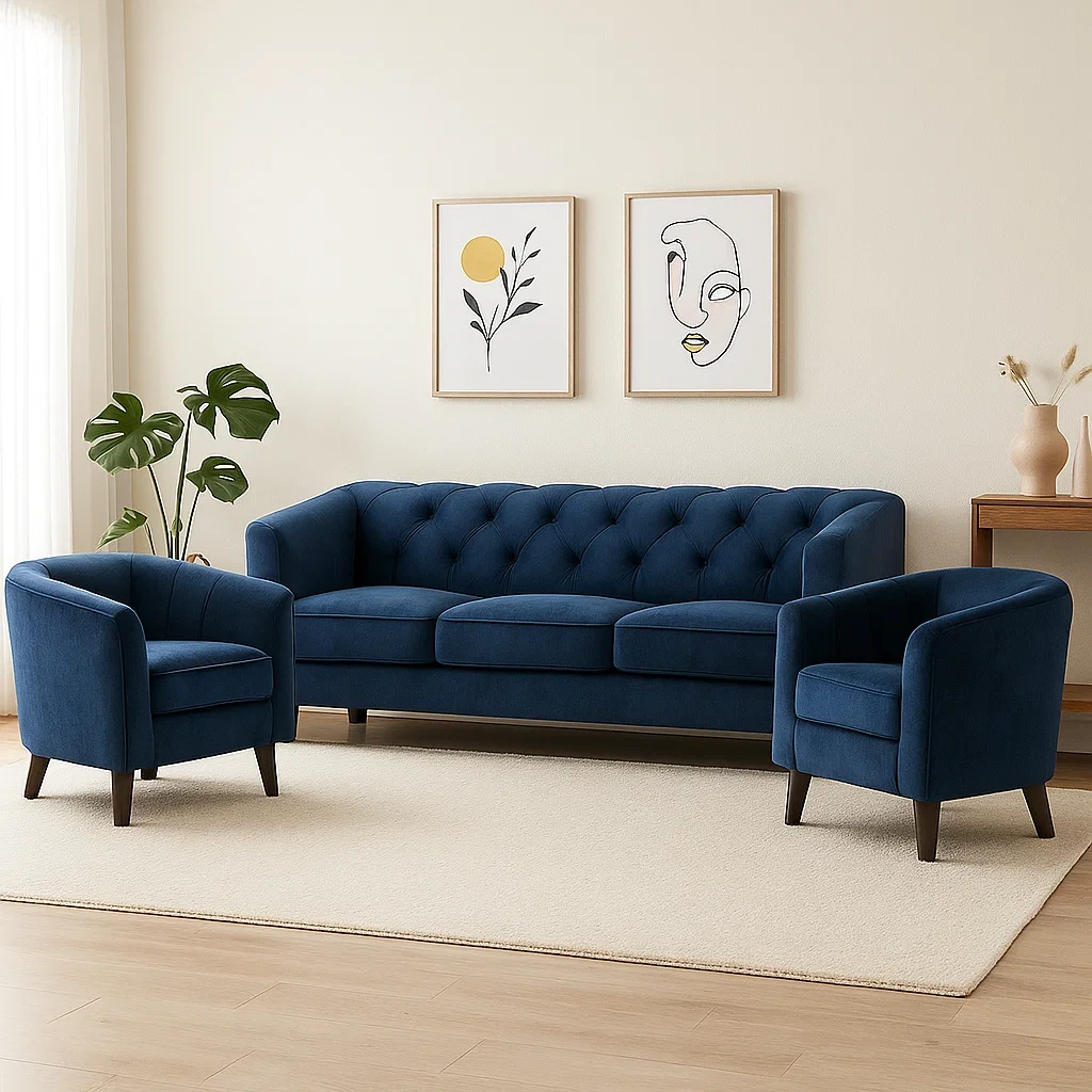 Conjunto sofás,1 sofá de 3 plazas,2 sillones,terciopelo,azul marino,estructura de madera,tamaño del sofá 190x80x75 cm,tamaño de los sillones 75x80x75 cm,para salón y comedor - 1fyUttDmJF4c