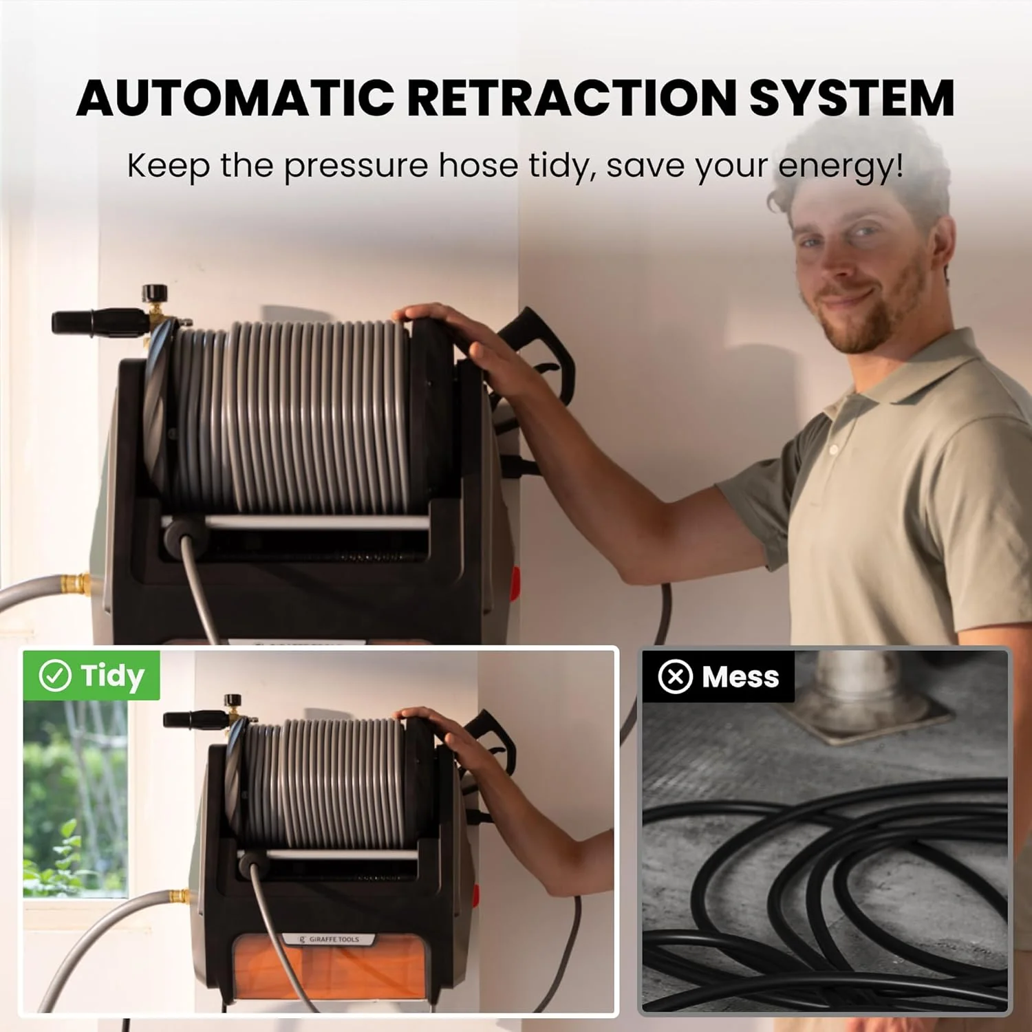 Giraffe Tools Grandfalls Hidrolimpiadora de Pared – 2900 PSI, 2,2 GPM, Manguera Retráctil de 31 m, Lanzador de Espuma, 4 Boquillas Rápidas
