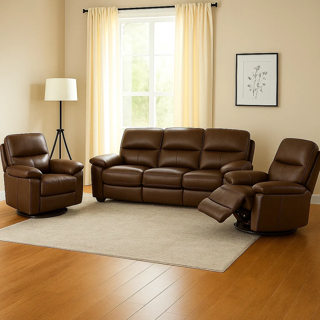 Conjunto sofás sillones reclinables y sofá 3 plazas estructura de madera relleno de espuma revestimiento de piel sintética color marrón para sala de estar,sofá 3 plazas 200x90x100 cm,sillones 85x90x100 cm - TeGepMfSR4j5