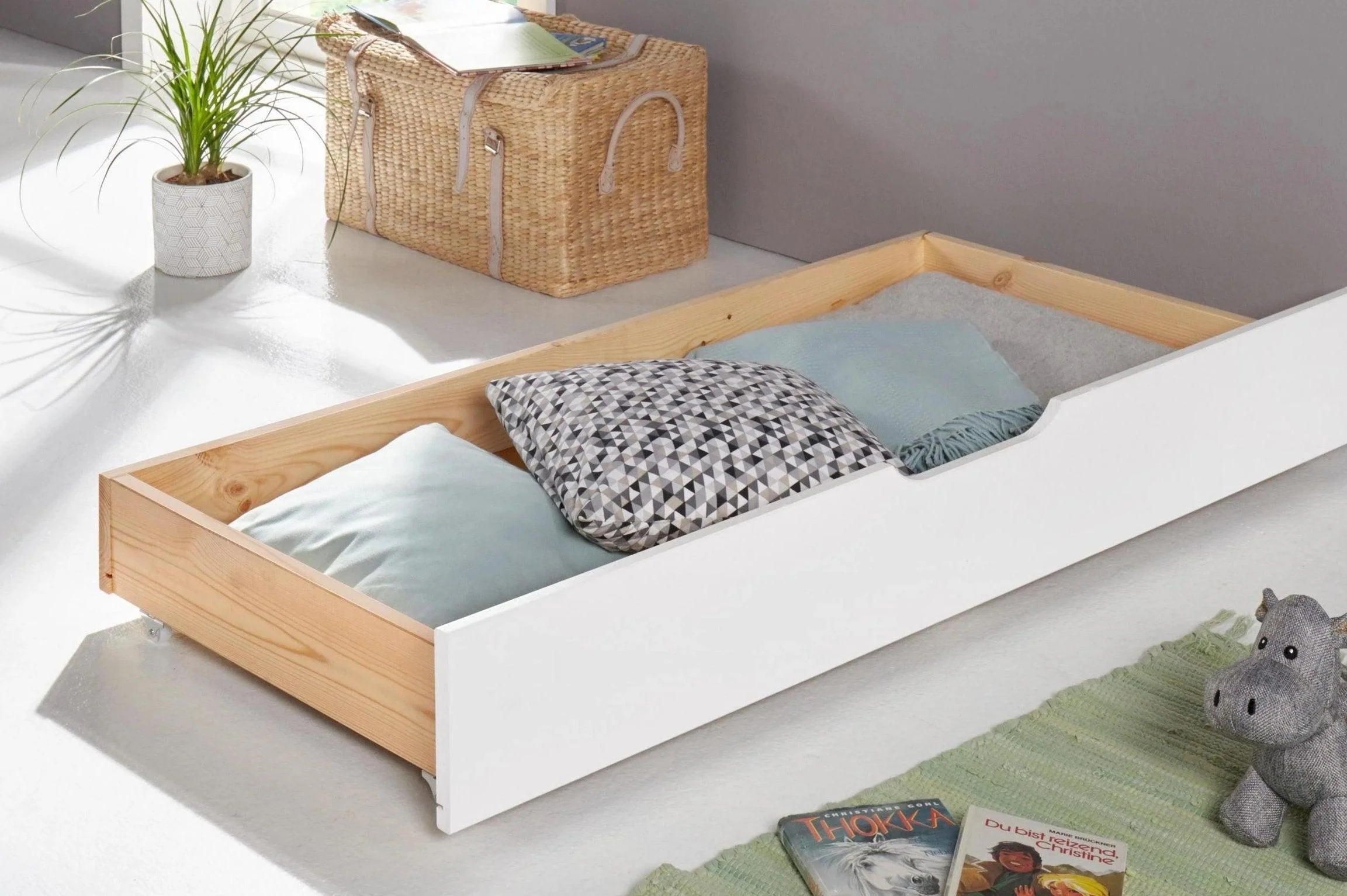 Cajón para cama de madera de pino blanco Auz, 130 cm de longitud  =