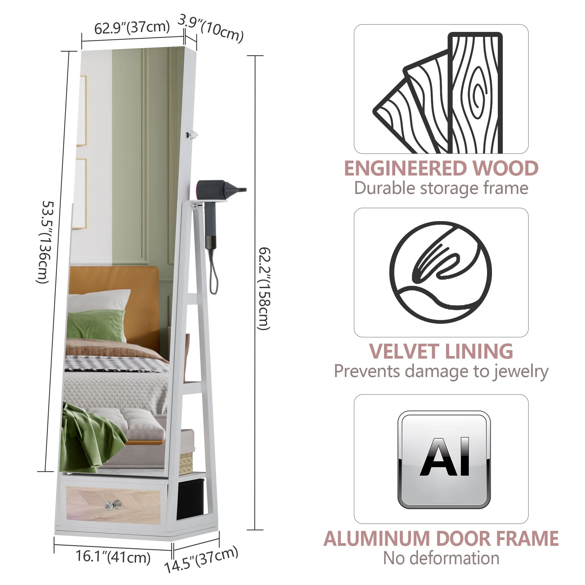 Joyero giratorio 360° LVSOMT con luz - Organizador de pie con espejo de cuerpo entero. cerradura y amplio espacio de almacenamiento - Blanco