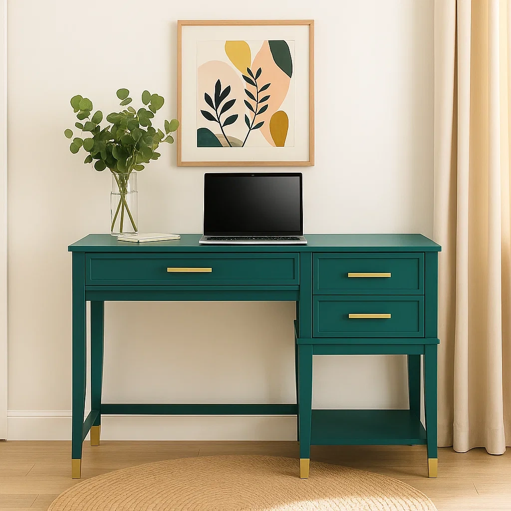 Escritorio para Ordenador con 3 Cajones y Estante Abierto, Estructura Verde y Detalles Dorados, 120x60x75 cm - meMSdku307qi