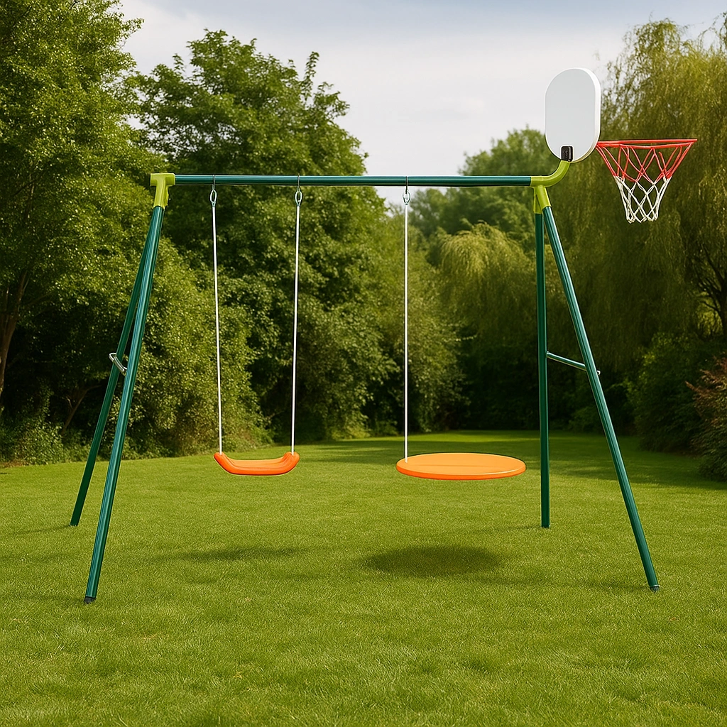 Columpio con Aro de Baloncesto y Dos Asientos Naranja/Verde para Exterior 220x160x210cm - KoFpJyp192eU