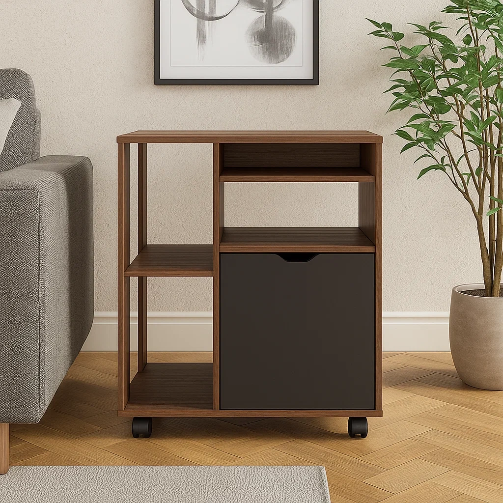 Isla cocina,abierta con armario y ruedas de madera MDF,color nogal y negro,instalación independiente,60x35x75 cm,uso doméstico - ocLOhsmuDrLr