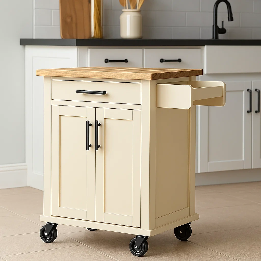 Isla cocina,compacta,rectangular,de MDF,color crema,con encimera de madera,con cajón,puertas,ruedas y toallero,dimensiones de 67 cm largo,45 cm ancho,88 cm alto,para cocina doméstica - yxs0dM3mYkkk