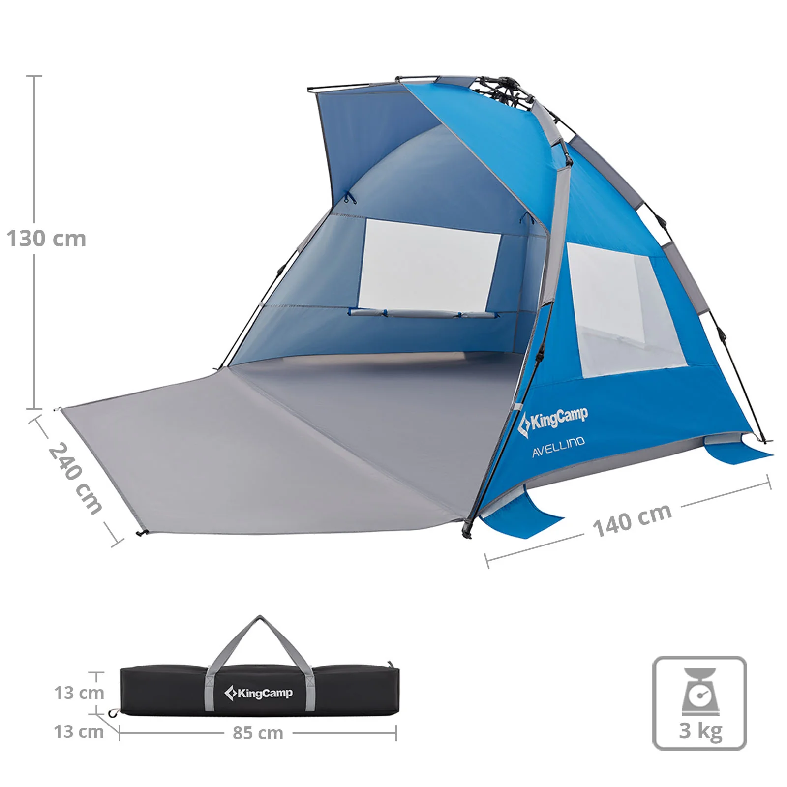 2025 KingCamp Avellino – Tienda de playa automática con protección solar UPF50+, protección contra el viento y la vista, estructura hidráulica, sacos de arena y ventanas de malla