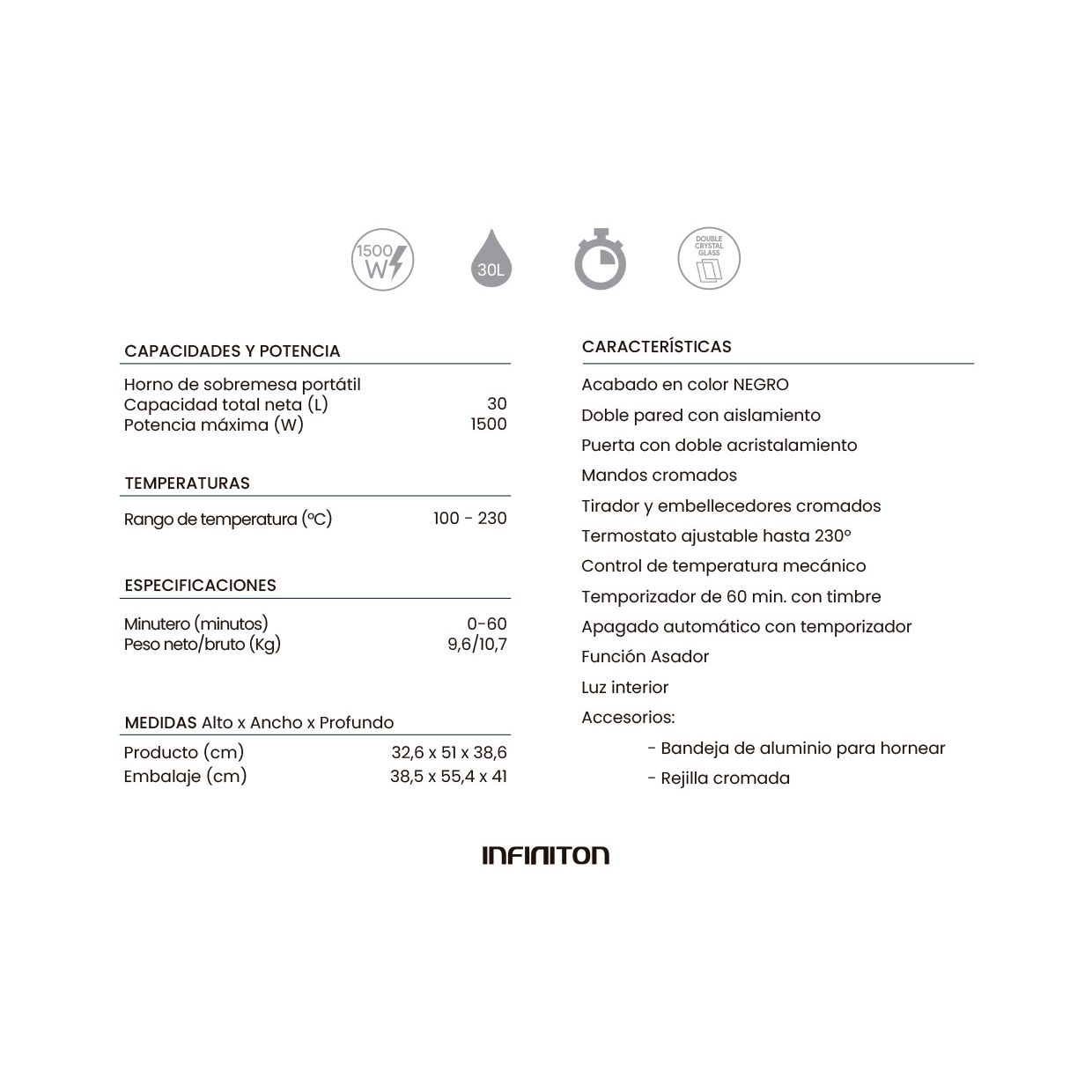 Infiniton Hsm-a30n – Horno Sobremesa, Negro, 30l, 1500w, Convección, Doble Acristalamiento, Luz Interior, Temporizador 60 Min.