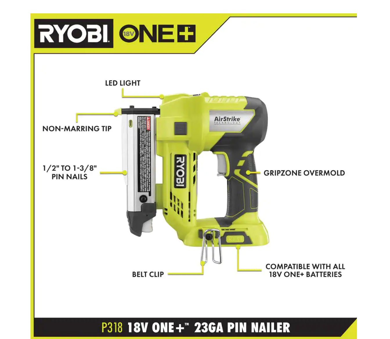 2025 RYOBI P320P318 ONE Kit Combo 2 Herramientas Inalámbricas 18V con Pistola de Clavos Brad de 18 Cal. y Pistola de Clavos Sin Cabeza de 23 Cal. de 1-3/8 Pulg. (Solo Herramientas)