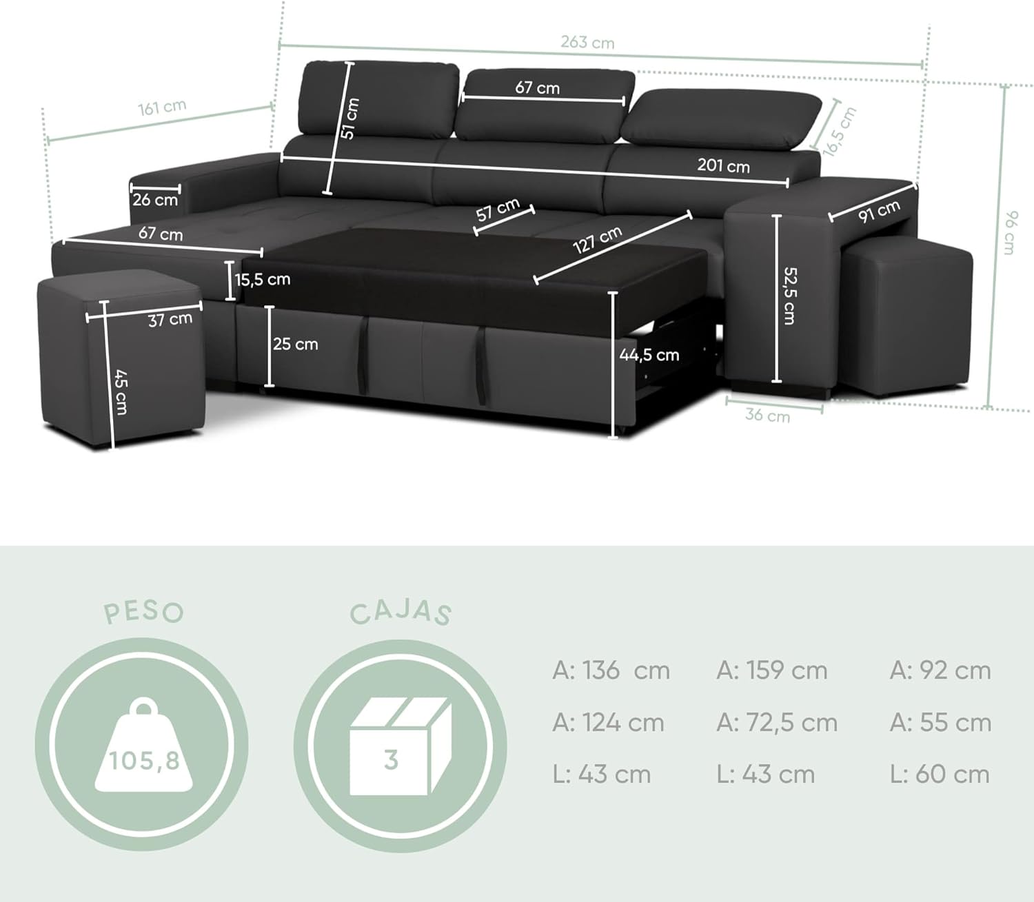 BUDWING John Sofá Cama Esquinero 4 Plazas - Chaise Longue Reversible, Reposacabezas Ajustable y 2 Pufs – Tapizado en Poliuretano – Estilo Moderno – 263x161x96 cm – Negro