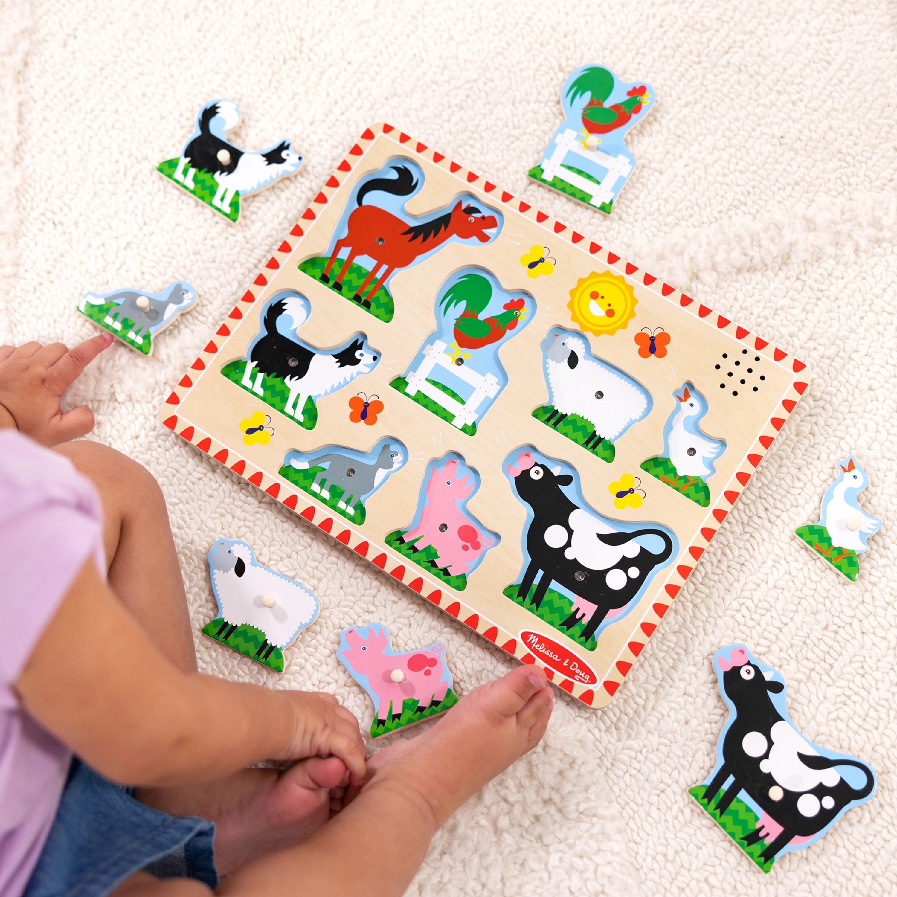 Melissa & Doug Rompecabezas Sonoro de Animales de Granja – Rompecabezas de Madera con Clavijas y Efectos de Sonido (8 piezas)