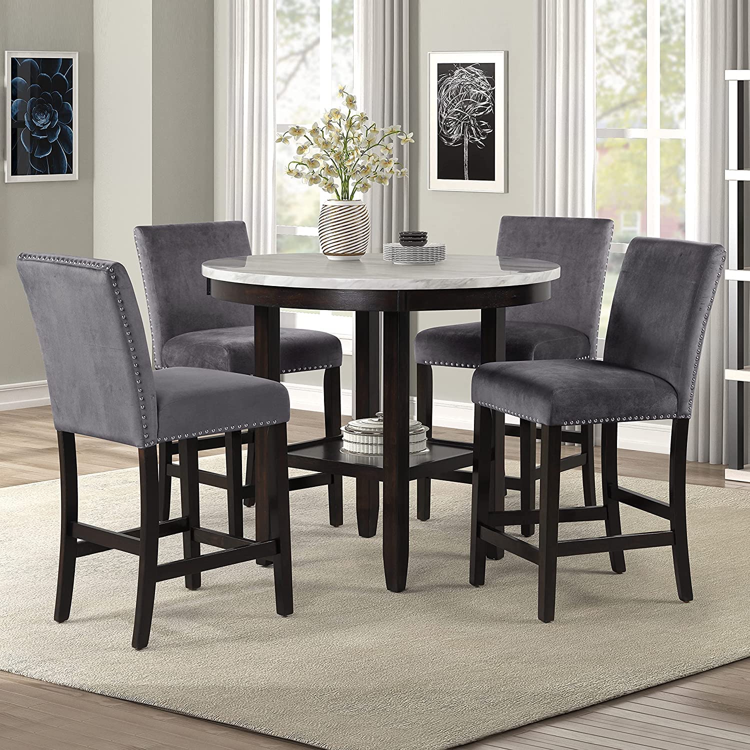 2025 New Classic Furniture Celeste Set de Comedor de 5 Piezas con Mesa Redonda de Mármol Sintético y 4 Sillas, 42 Pulgadas, Gris