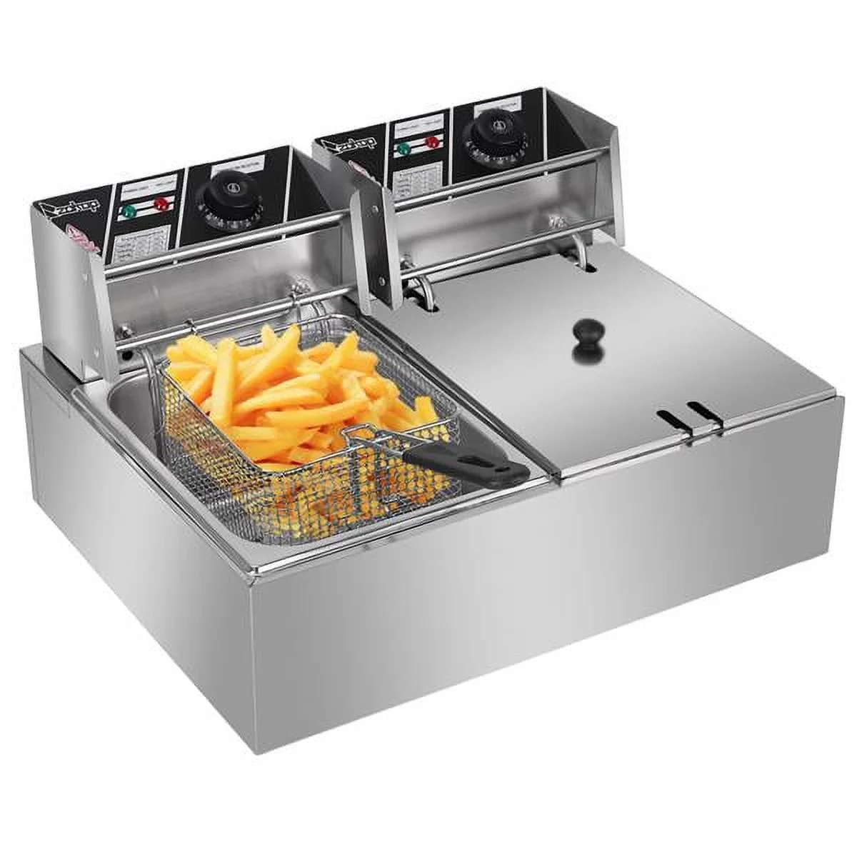 Freidora eléctrica de sobremesa con doble tanque de acero inoxidable - Gran capacidad - Electrodoméstico de sobremesa - Freidora industrial con tanque grande para papas fritas (12.7 cuartos/12 L. 5000 W)
