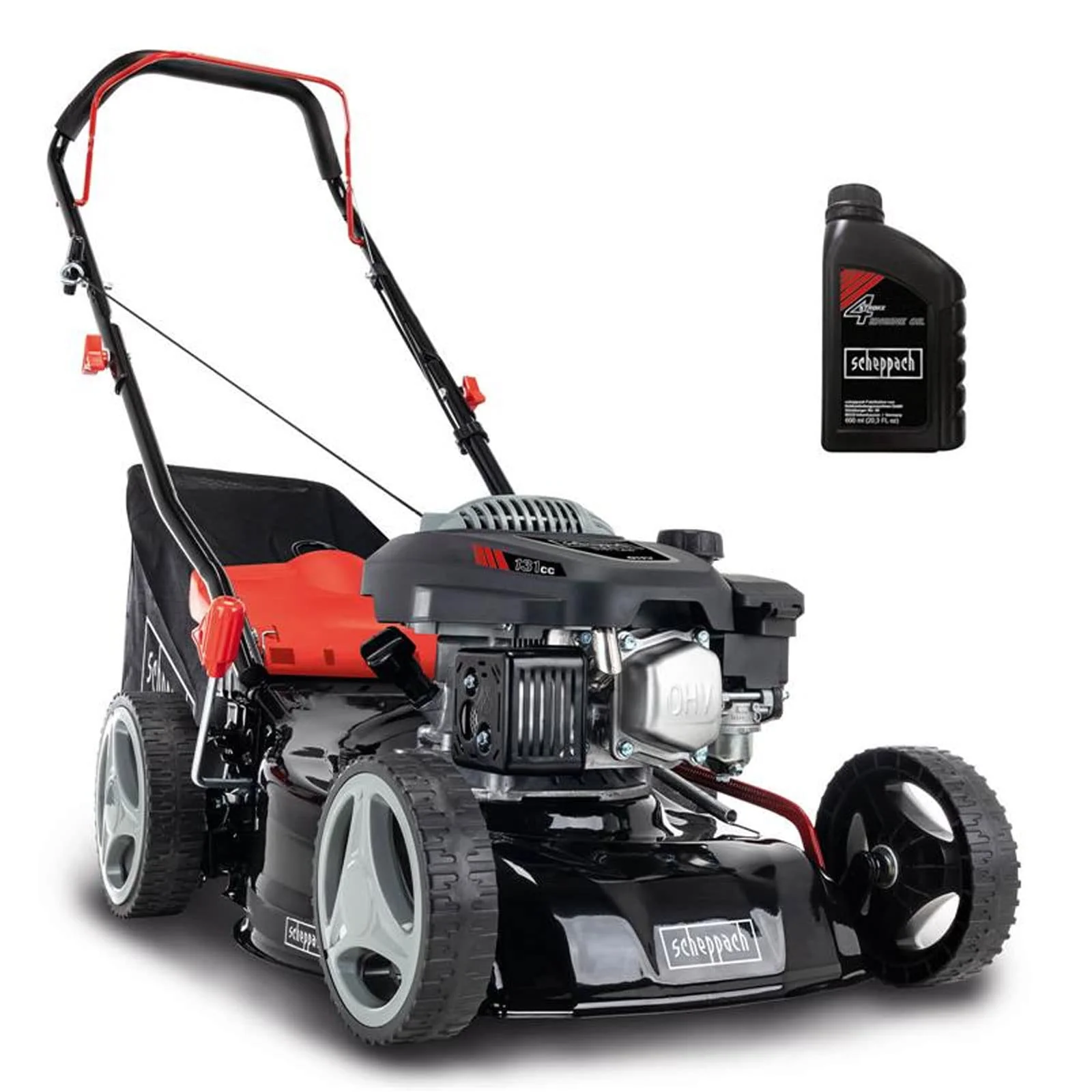 2025 Cortacésped Scheppach RM420 | 3 en 1 – 3.4 CV | Ancho de corte 420 mm | Cesto de recogida 45 L | Ajuste de altura de corte 25-75 mm | Incluye aceite para motor y cuchilla de repuesto
