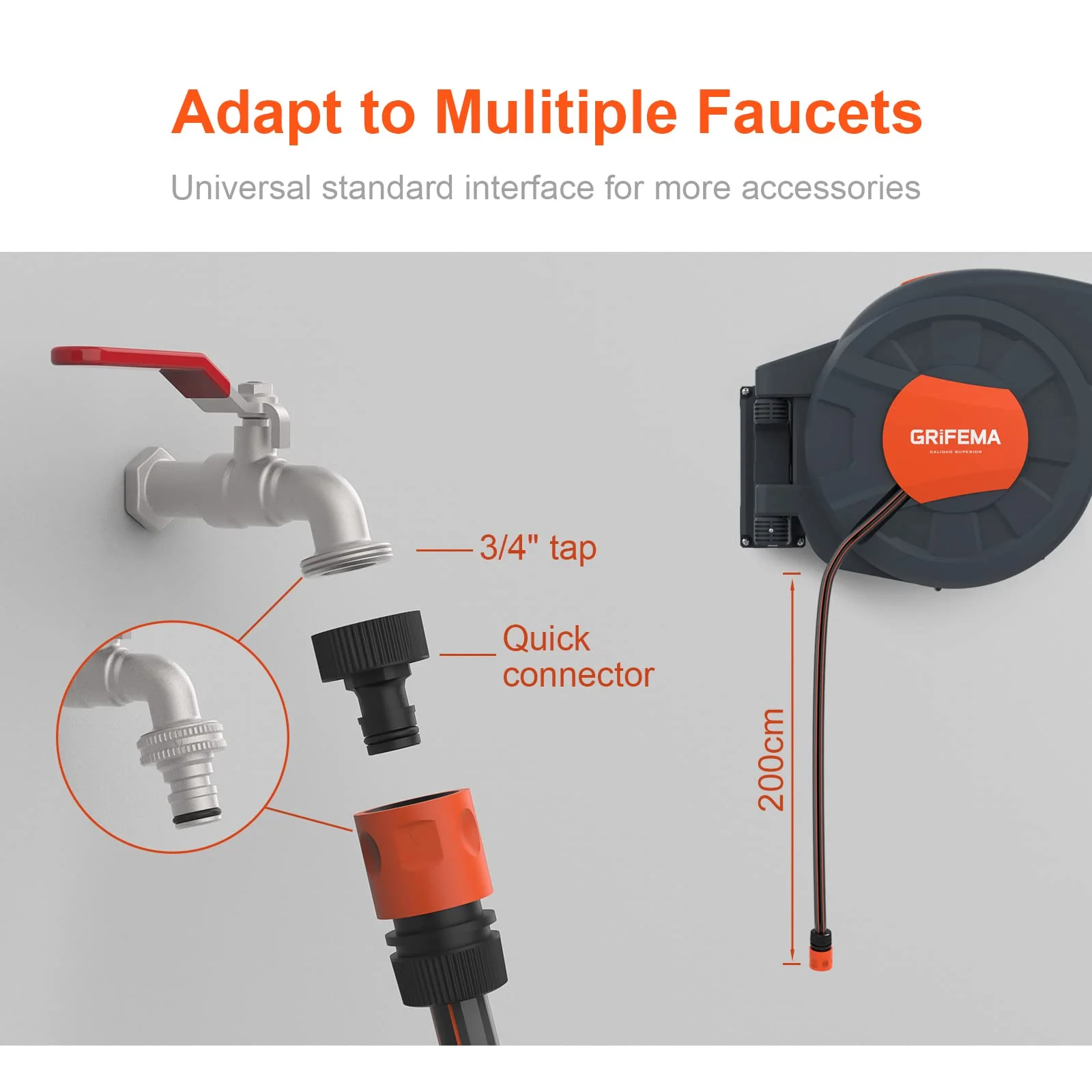 2025 GRIFEMA G301-35 Carrete de manguera mural con manguera de 35 m + 2 m, caja giratoria 180°, enrollado automático con boquilla ajustable