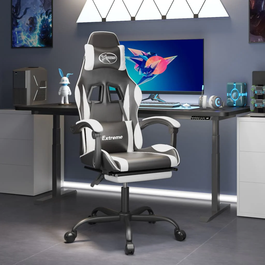 2025 Silla gaming giratoria reposapiés cuero sintético negro blanco V8635