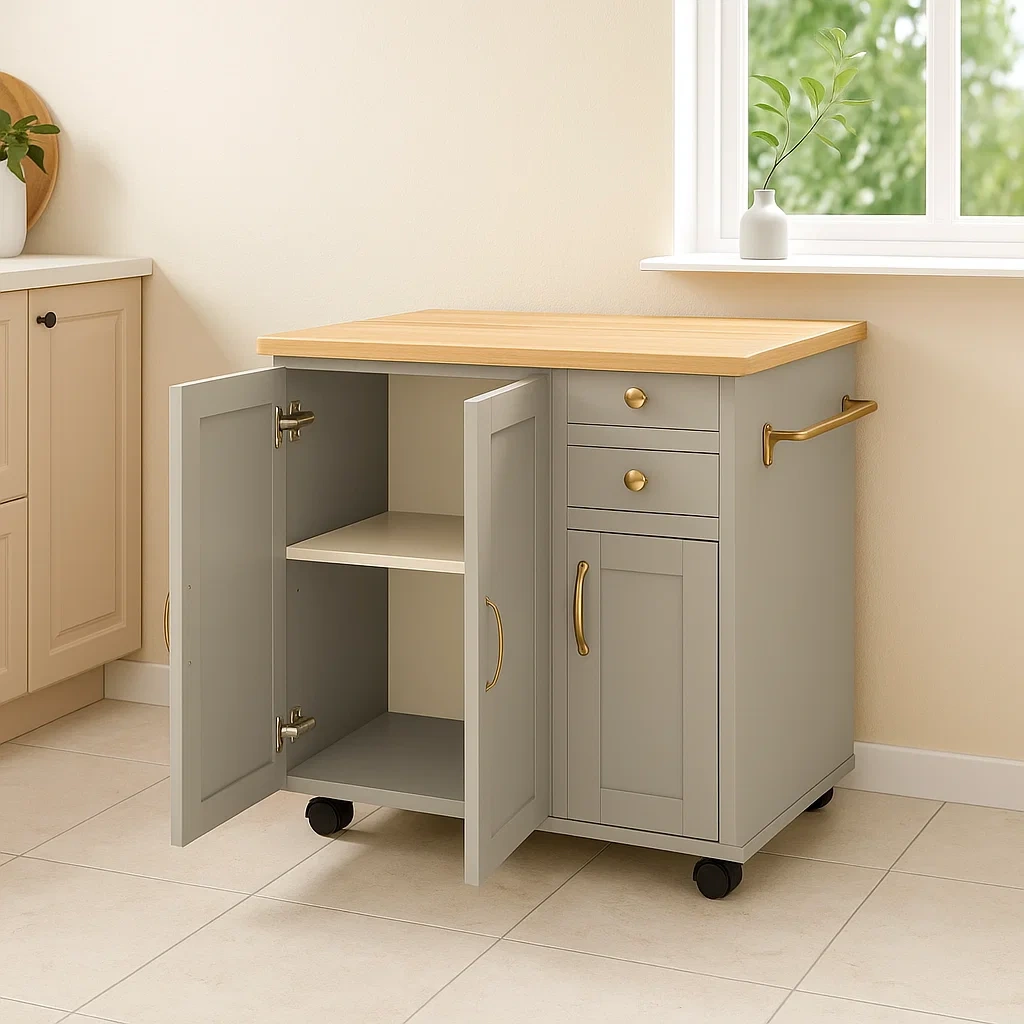 Isla cocina carrito de cocina con 3 puertas,2 cajones y estante,madera natural y gris,con ruedas,80x45x85 cm - 02fBVYY8fY5T