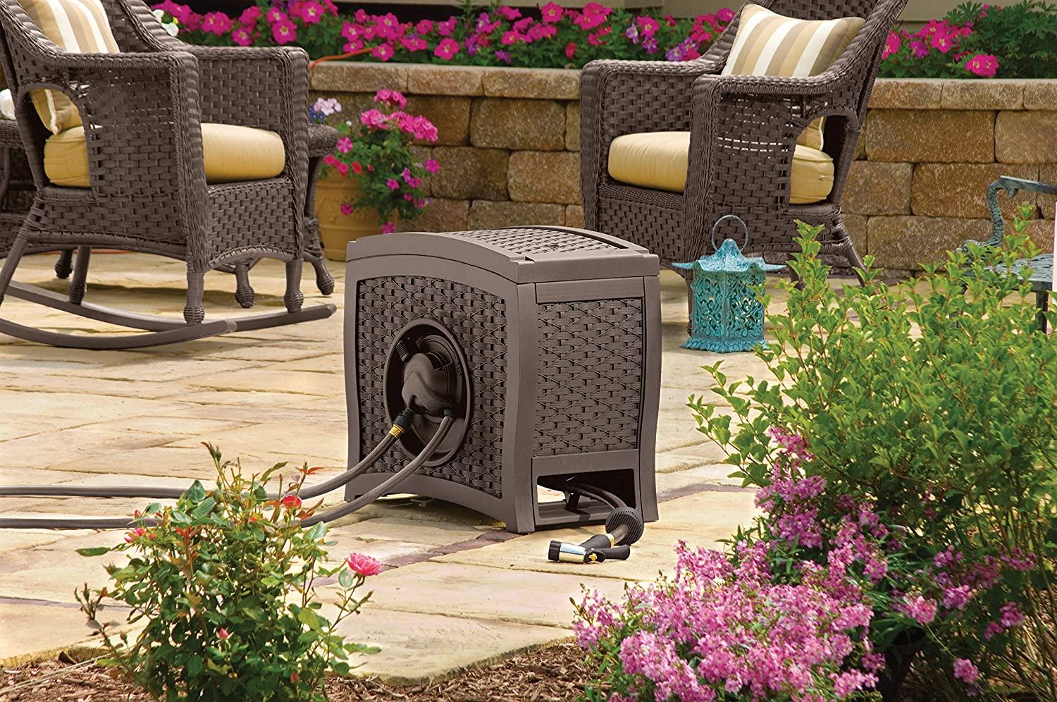 Suncast Aquawinder Carrete para Manguera de Jardín en Estilo Ratán de 125' – Ligero. Portátil. Enrollador Automático de Agua Sin Esfuerzo – Color Java