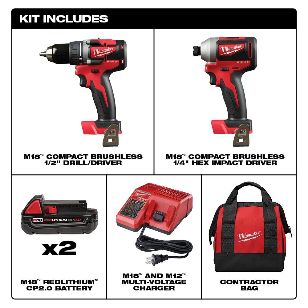 Kit combinado compacto inalámbrico M18 de 18V con motor sin escobillas (2 herramientas) con (2) baterías de 2.0Ah, cargador y bolsa 2892-22CT