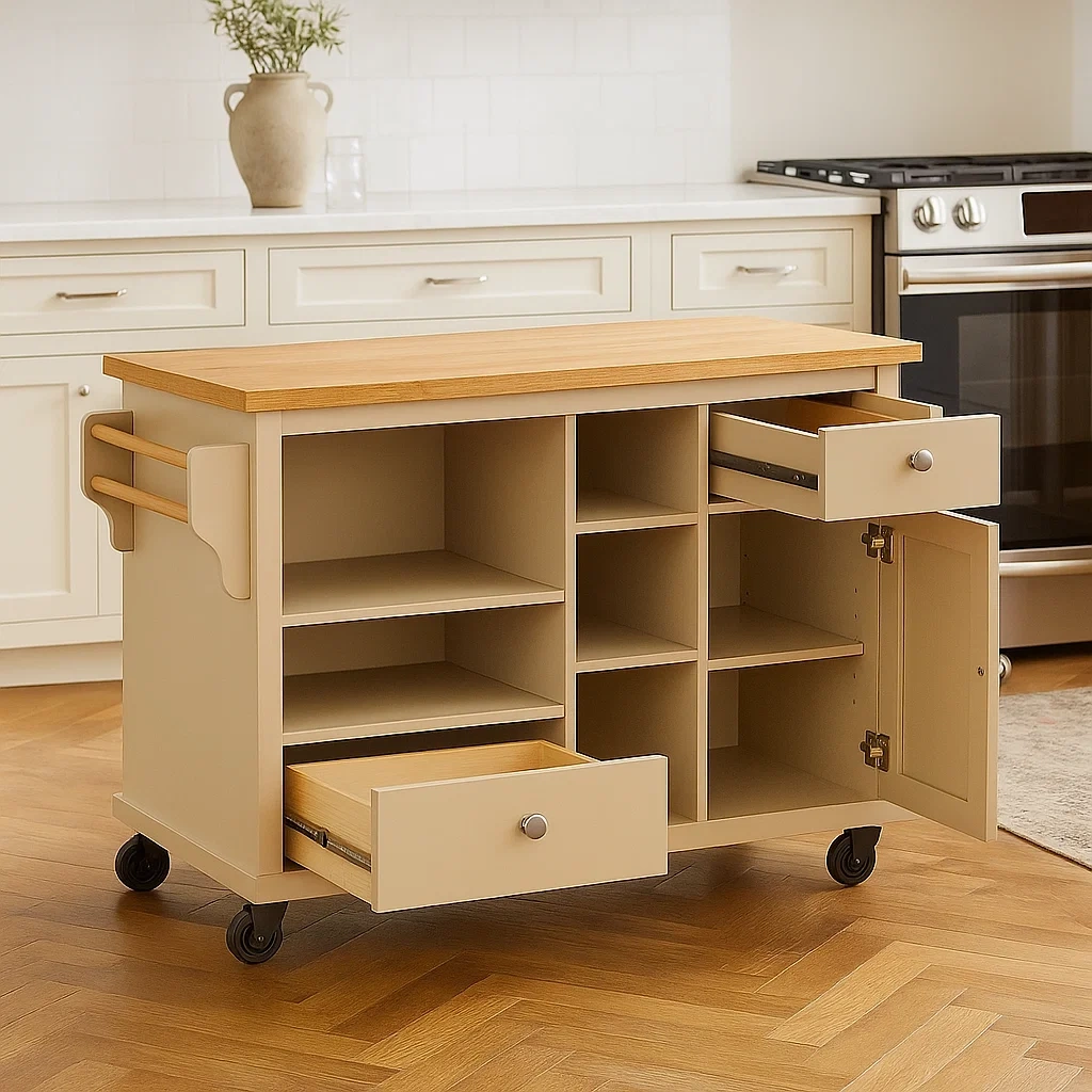 Isla cocina forma rectangular de madera MDF beige con encimera de madera clara,con ruedas,estantes,cajones y armario,115x46x90 cm,uso doméstico - oxrFvirr7toA