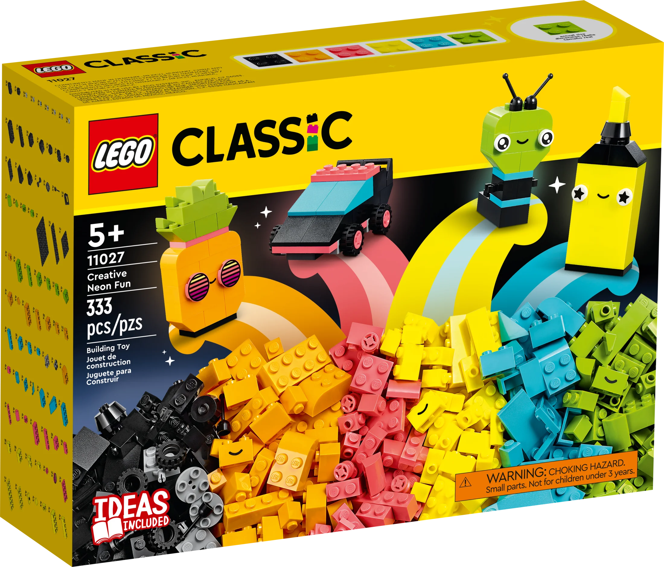 LEGO Classic Caja de Bloques Creativa con Colores Neón Divertidos 11027, Juguete de Construcción para Crear un Coche, Piña, Alienígena, Patines y Más Ideas para Niños, Niñas de 5 Años en Adelante