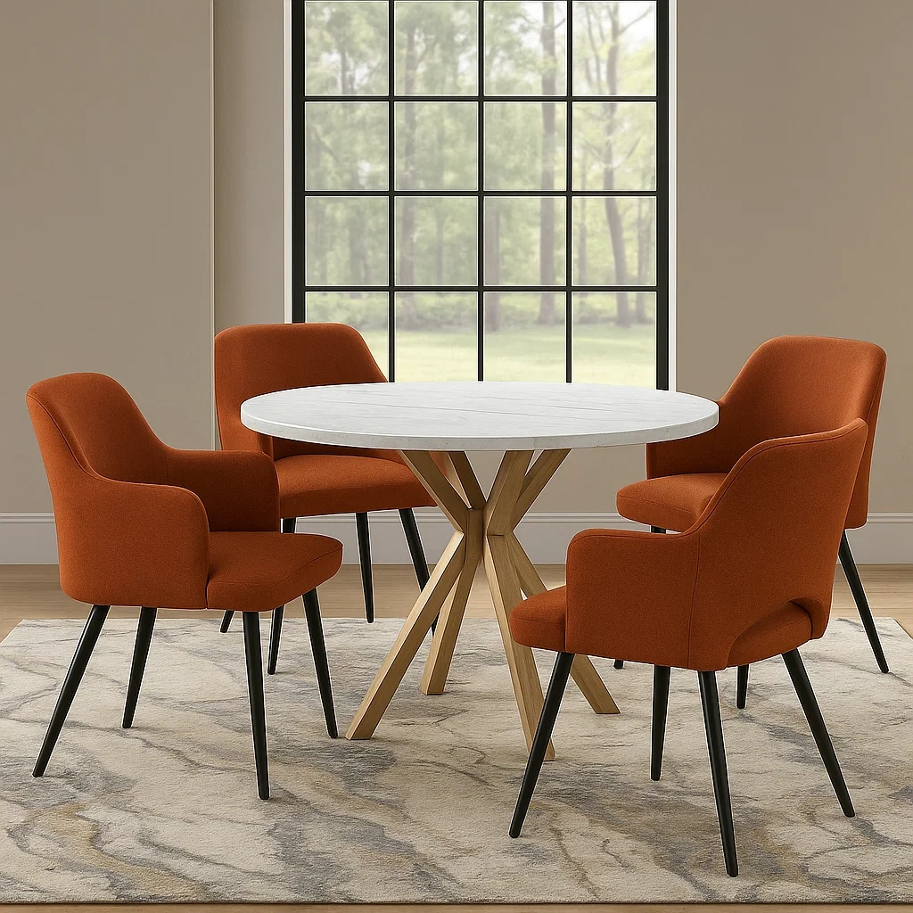 Conjuntos de comedor 4 plazas,madera y tela,blanco y naranja quemado,mesa redonda con base cruzada,estructura fija,mesa diámetro 100x75 cm,silla 55x58x85 cm,interior - OvbVBdAesGtM