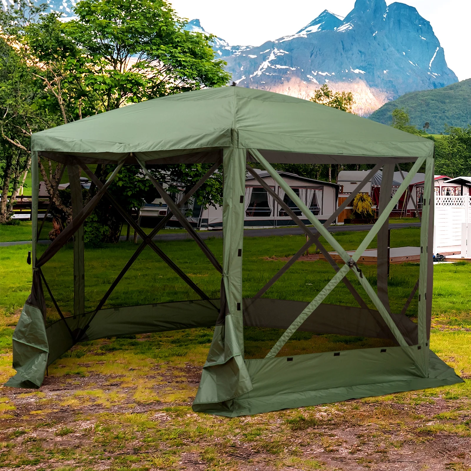 Carpa hexagonal Outsunny 3.6 m x 3.6 m con mosquitera – Pabellón plegable portátil con paredes de malla. bolsa de transporte y espacio sombreado. color verde