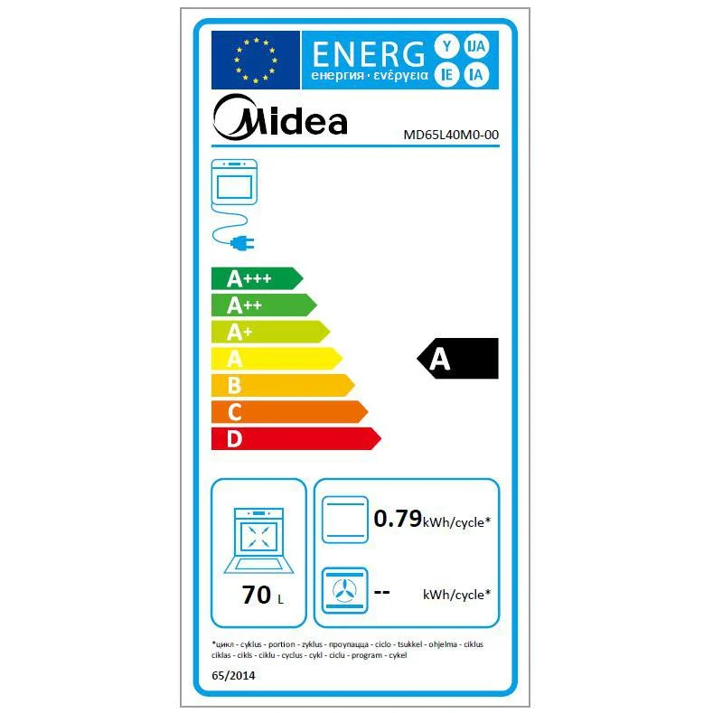 Horno Multifunción Midea MD65L40M0-00, 2.1 kW, 70 L, Apertura Abatible, 4 Funciones de Cocción, Eficiencia A - Negro