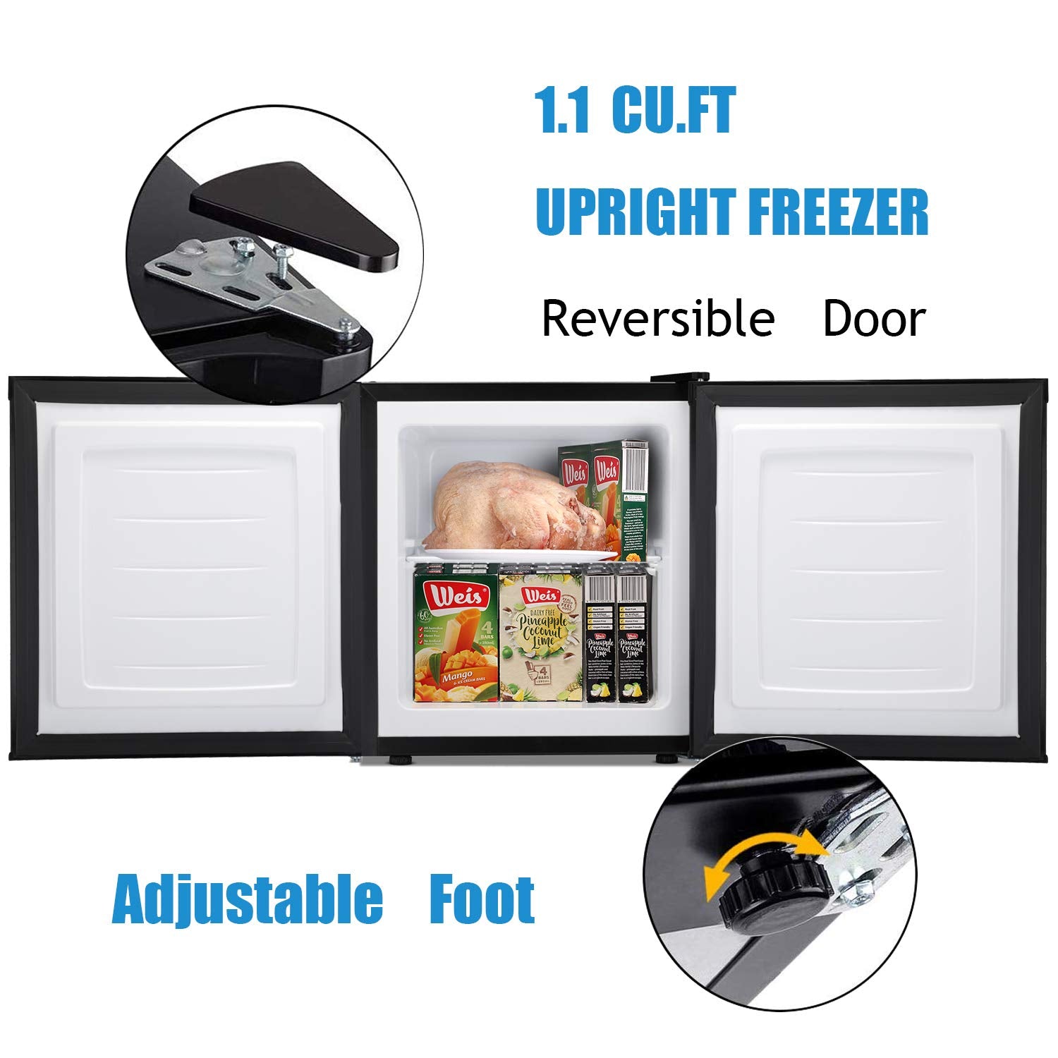 Antarctic Star Congelador Vertical Compacto con Puerta Simple Reversible de Acero Inoxidable, Estantes Ajustables y Removibles para Hogar y Oficina, 1.1 pies cúbicos, Color Negro