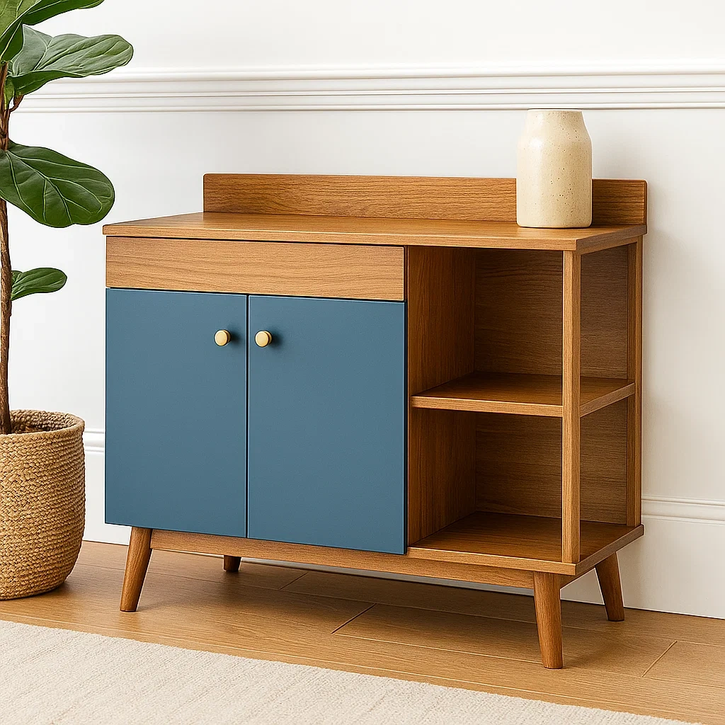 Isla cocina rectangular,con estantes y armario de madera MDF,color roble y azul,sin ruedas,100x40x85 cm,para cocina doméstica. - VxsES9DwARkS