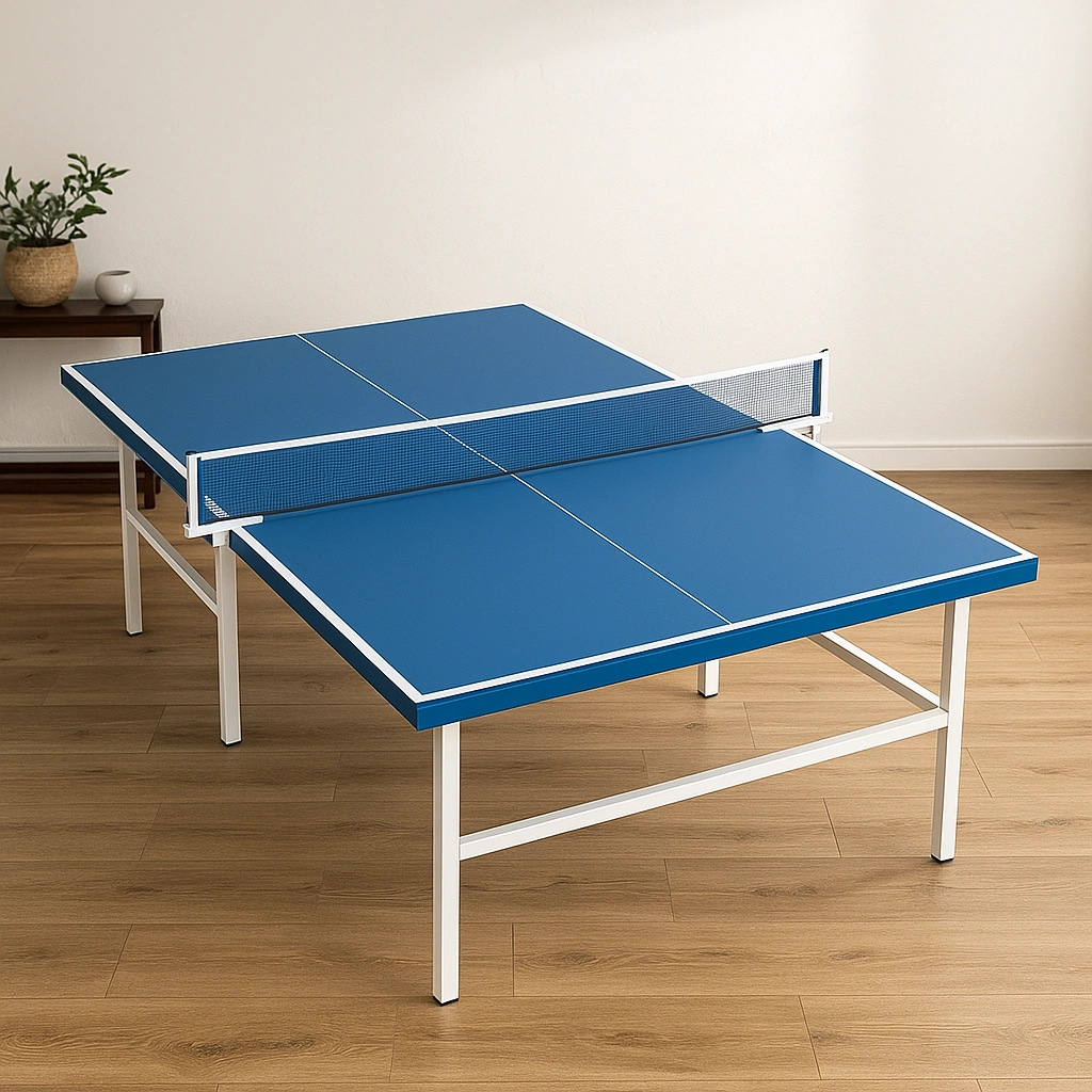 Mesa de ping pong azul con estructura metálica blanca para interior y exterior 274x152.5x76 cm