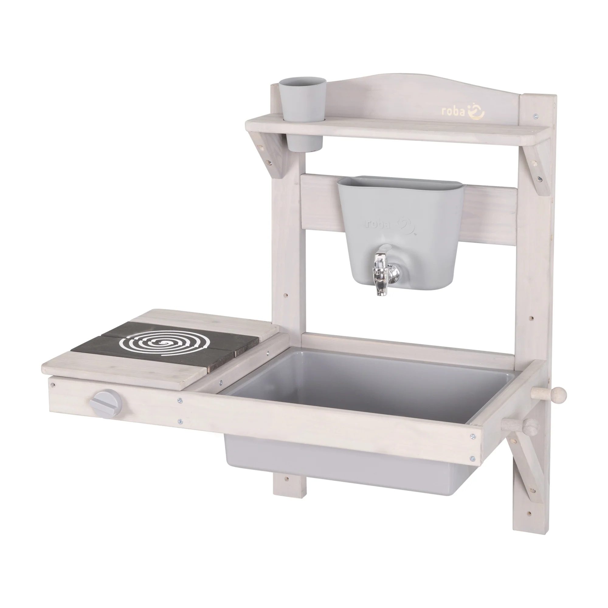 Cocina colgante de juego y barro con accesorios – Madera certificada FSC – Acabado en gris grabado