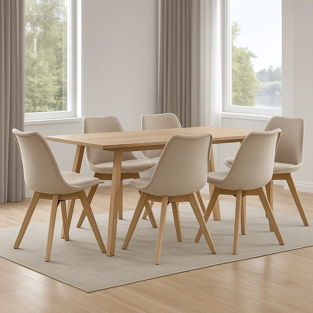 Conjunto de comedor 6 personas,material madera y tela,color beige,rectangular,fácil de montar,tamaño mesa 180x90x75 cm,tamaño silla 45x45x85 cm,uso  para comedor - Kr7sIeMDmWhe