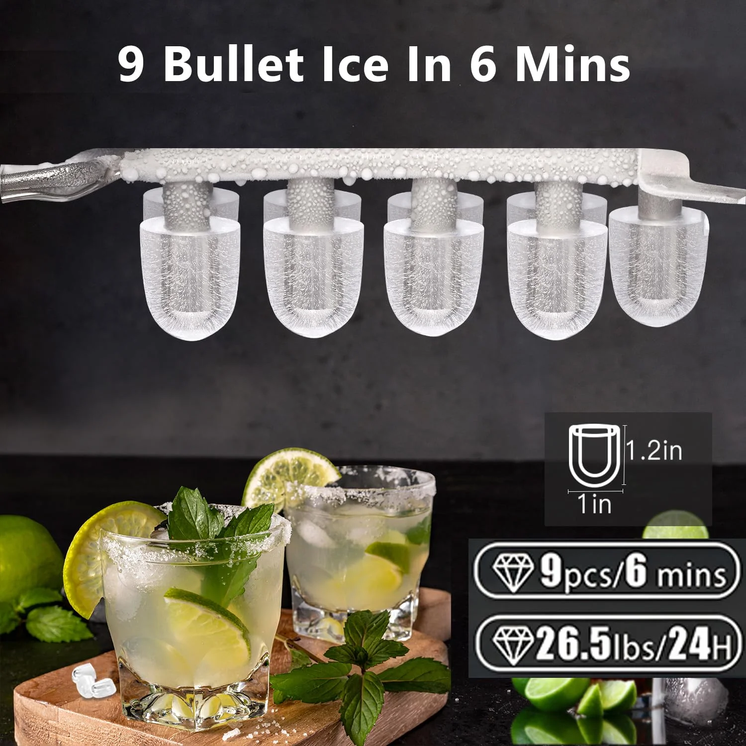 2025 Máquina de hacer hielo de mesa Joy Pebble Bullet con asa. produce 9 cubos de hielo esféricos en 6 minutos. capacidad de 11.8 kg/24 h. máquina portátil con autolimpieza. incluye cesta y pala. ideal para el hogar. cocina. camping y autocaravana.