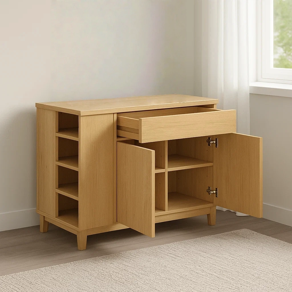 Isla cocina rectangular,con armario doble,un cajón y estantes abiertos de madera MDF,color roble claro,100x45x85 cm,para almacenamiento de cocina. - pL5Ud6DPzavO