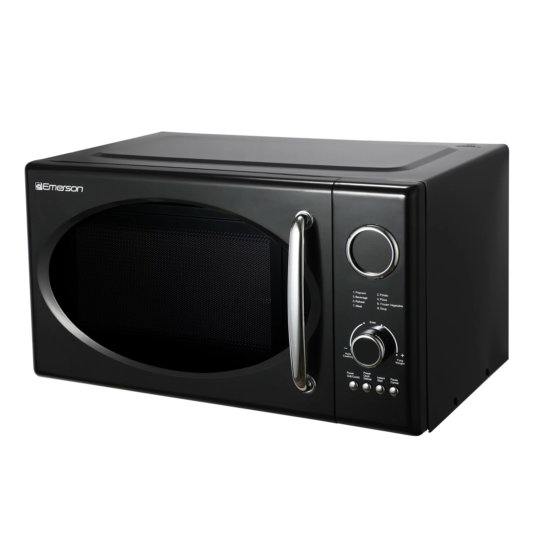 2025 Microondas retro negro Emerson 0.9 pies³ 800 W con función grill. modelo MWRG0901BK.
