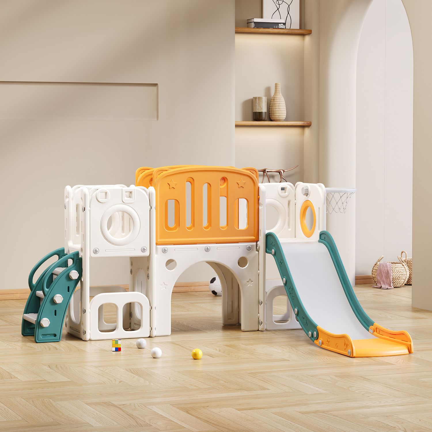 Tobogán Infantil 6 En 1 - Compuesto Por Tobogán, Canasta De Baloncesto, Escalera, Túnel Y Dos Espacios - Verde