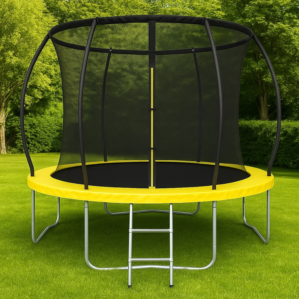 Trampolín redondo 365 cm Acero Amarillo/Negro para jardín y actividades al aire libre 335 cm x 335 cm x 225 cm - KhppSUH101mb